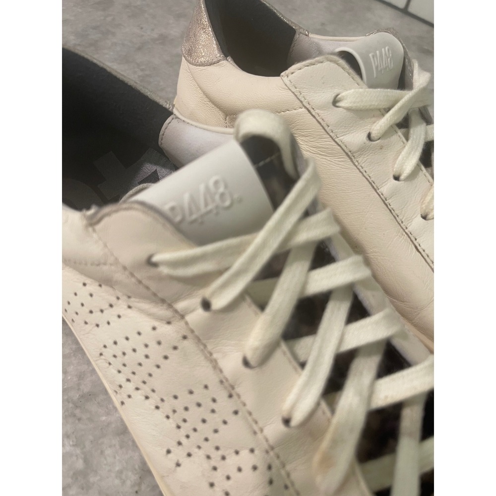 P448 Sneakers Womens 8.5 Off White John Leopard Print Toe Metallic Heel Low Top - Picture 3 of 11